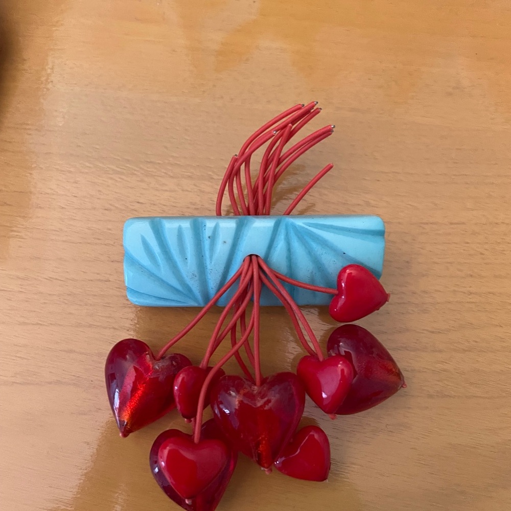 Blue and Red Heart Luxulite Brooch